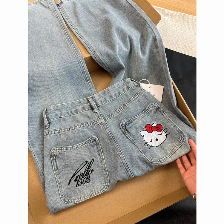 浅蓝色破洞牛仔裤女2025夏季新款Kitty猫刺绣设计时尚百搭拖地裤