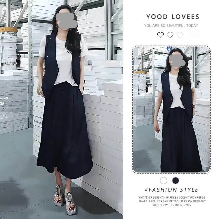 夏季新款时尚休闲百搭马甲阔腿裤T恤三件套2025高级洋气小众套装