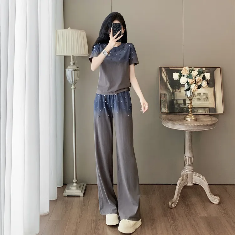 欧货重工烫钻渐变短袖时尚套装女夏显瘦减龄洋气休闲阔腿裤两件套