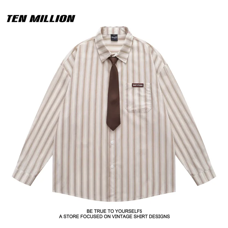 TEN MILLION 复古港风领带两件套日系长袖条纹衬衫男女春秋季上衣