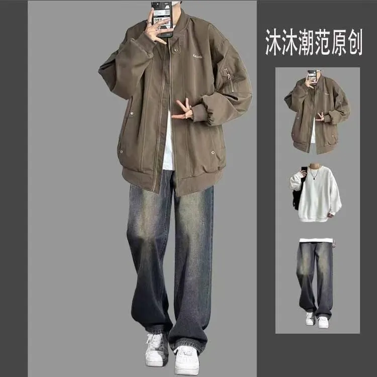美式复古飞行员夹克男士春秋季三件套装棒球服外套痞帅搭配一整套