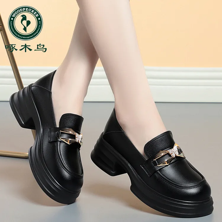啄木鸟厚底乐福鞋女中跟通勤一脚蹬女鞋舒适英伦风小皮鞋软底单鞋