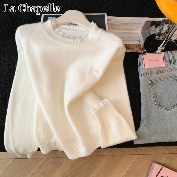 拉夏贝尔蕾丝拼接毛衣女2025秋冬新款高级感时尚百搭宽松针织上衣