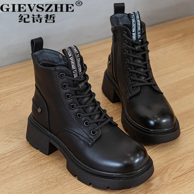 纪诗哲女靴复古英伦风马丁靴女秋冬新款时尚潮流百搭中筒靴女款