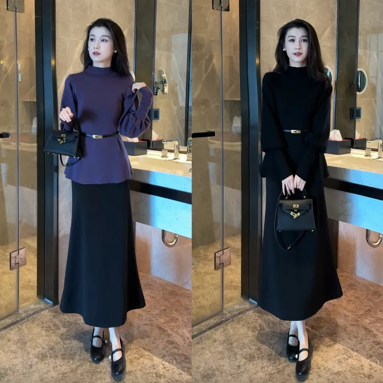 加厚秋冬收腰毛衣半高领灯笼袖气质针织衫上衣+显瘦半身裙套装