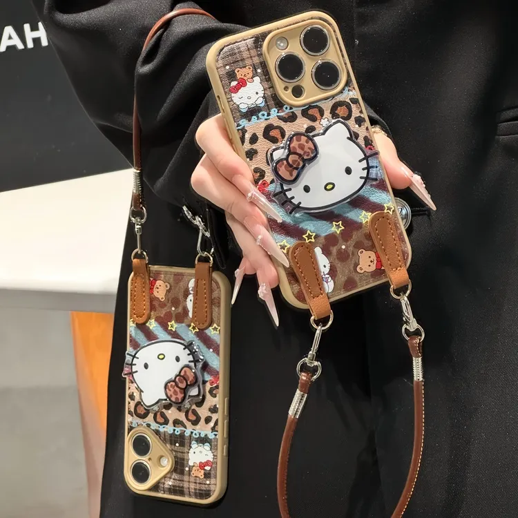 拼接豹纹KT支架挂绳适用苹果17手机壳iPhone16华为vivo小米14oppo