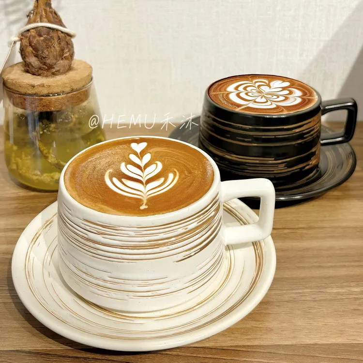 拉丝黑白陶瓷咖啡杯拉花咖啡家用日韩下午茶点心盘杯碟套装