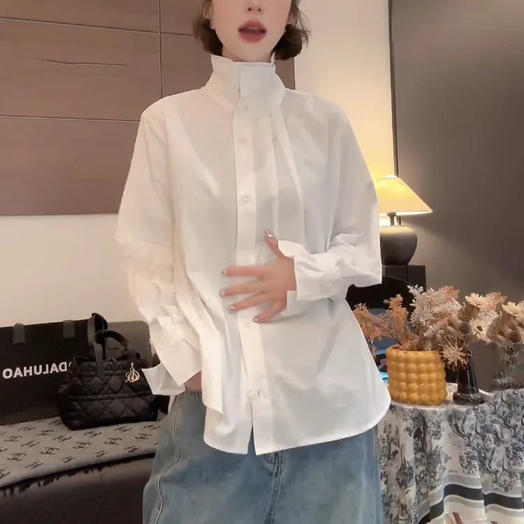 2025秋季新款女白色衬衫轻奢高级感减龄洋气内搭叠穿高领衬衣上衣