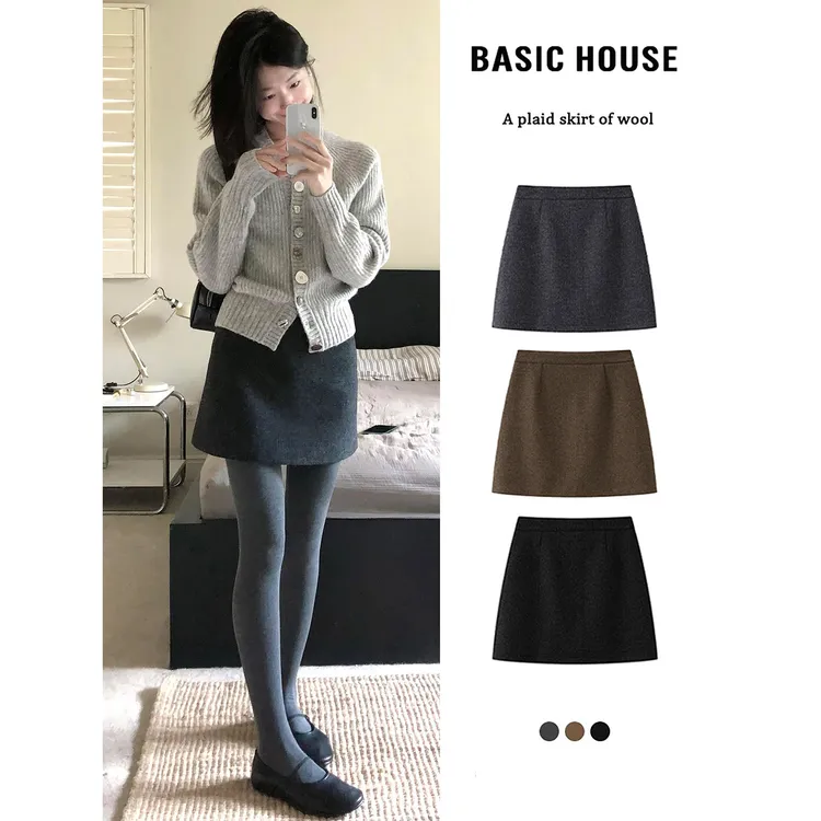 Basic House/百家好黑色加厚毛呢包臀短裙女2025秋冬高腰A字半裙