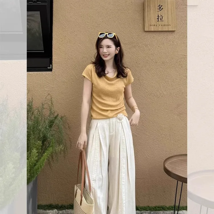 芯娇晴2025欧货小衫爆款修身显瘦上衣小众黄色荡领冰丝短袖t恤女