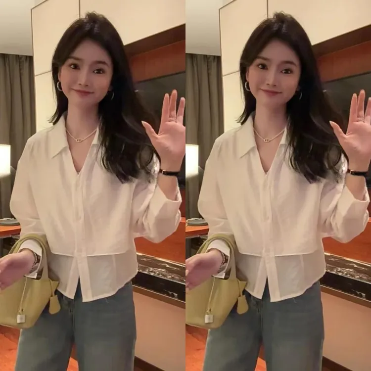 白色假两件衬衫女2025春夏新款时尚休闲减龄系带收腰显瘦防晒上衣