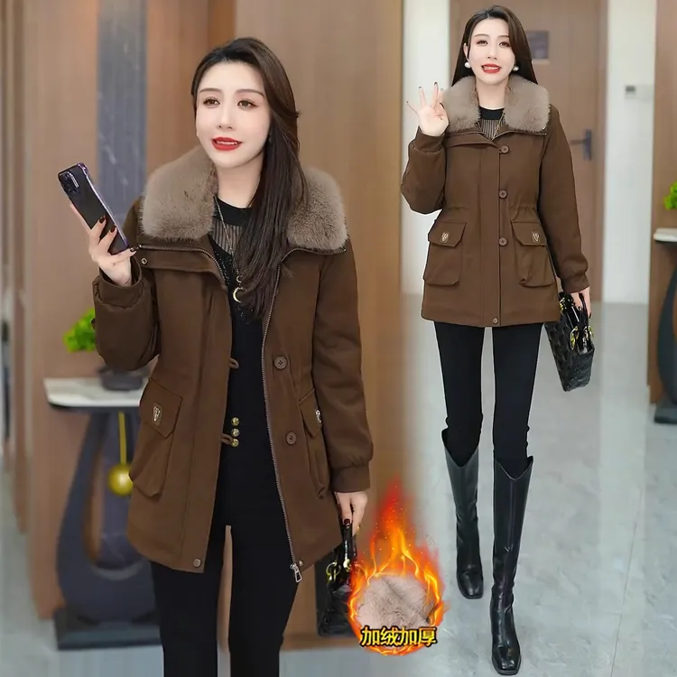 时尚休闲加绒加厚派克服女2025冬季新款洋气保暖中长款棉袄外套潮