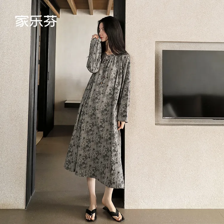 家乐芬睡裙女士睡衣春秋款秋季秋天纯棉长袖水墨连衣裙子显瘦长款