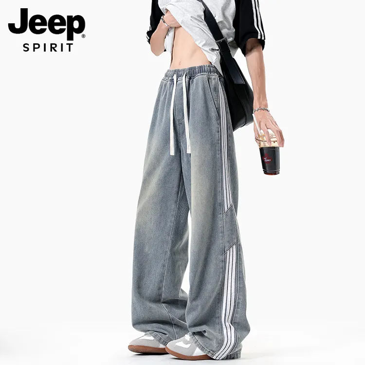 JEEPSPIRIT黄泥牛仔裤直筒宽松紧腰阔腿裤潮牌美式复古拖地长裤