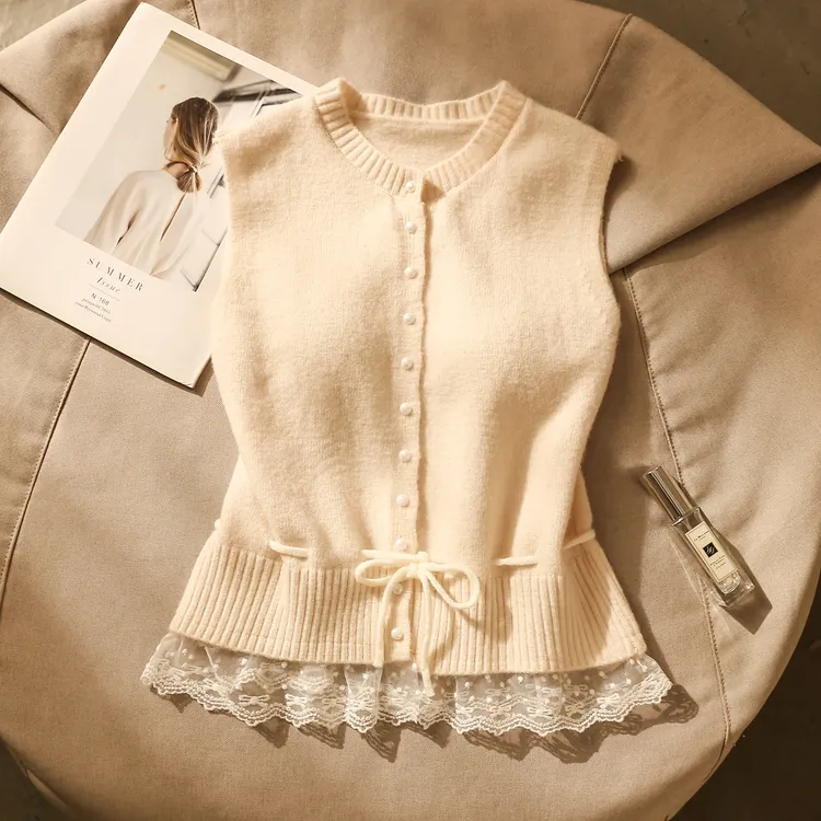 韩系蕾丝花边系带收腰针织背心女秋冬温柔风软糯气质叠穿开衫马甲