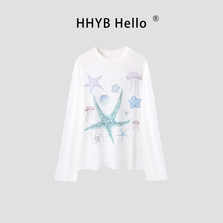 HHYB Hello2025夏季新款长袖印花圆领T恤白色宽松休闲T恤250748