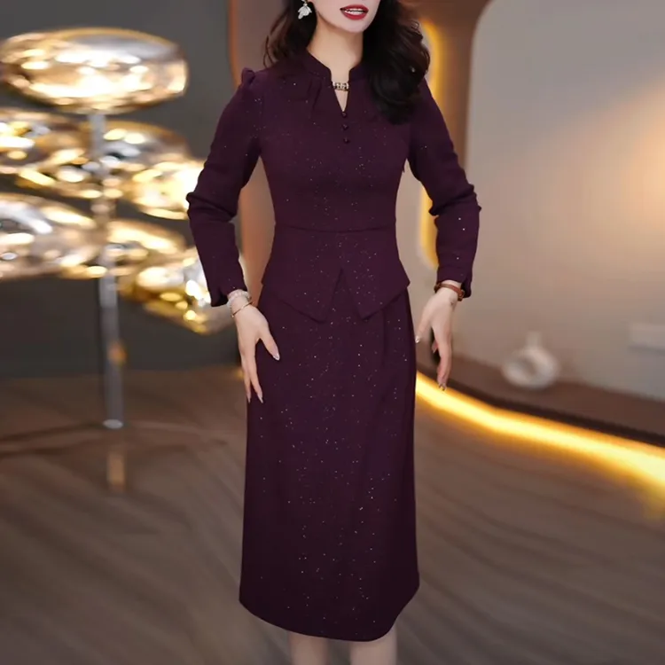 帛莱精纺时尚名媛连衣裙2025春秋季新款显瘦气质优雅长袖打底裙子