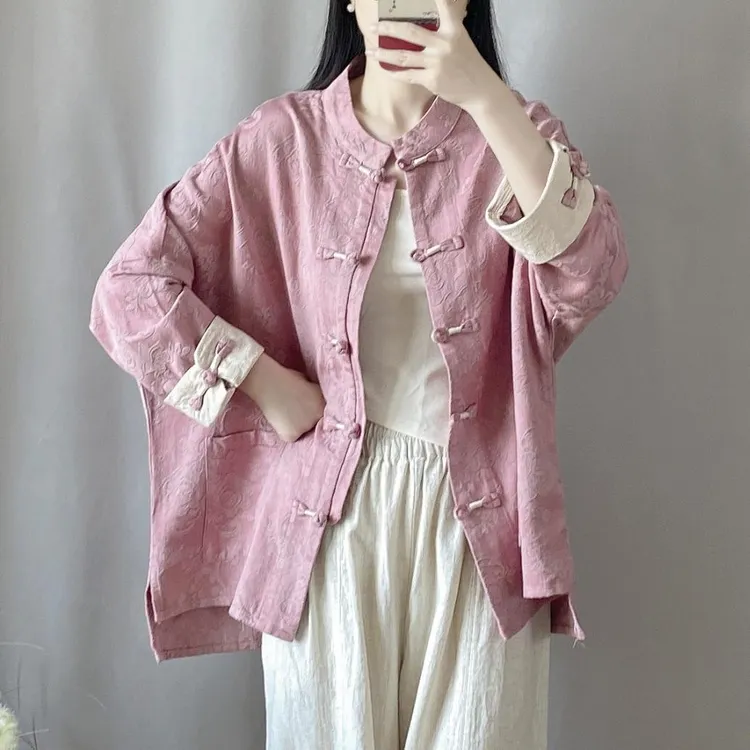 新中式棉麻衬衫外套女绑线盘扣上衣春秋季提花宽松蝙蝠袖对襟开衫