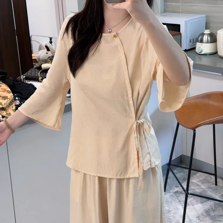 现货清【棉绸新中式上衣】女夏季2025高腰百搭复古显瘦上衣人造棉