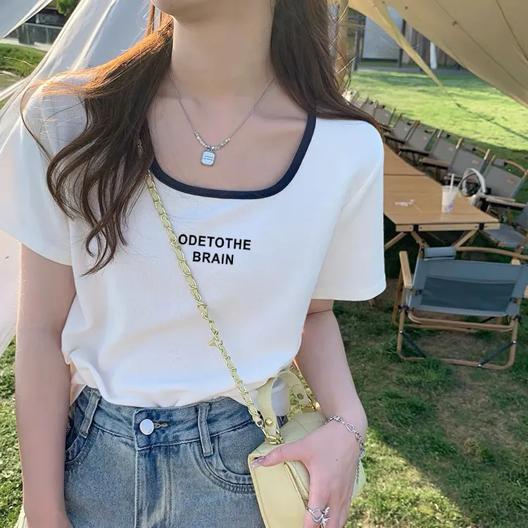 撞色方领上衣夏季2025新款独特别致设计感小众短袖正肩t恤女显瘦