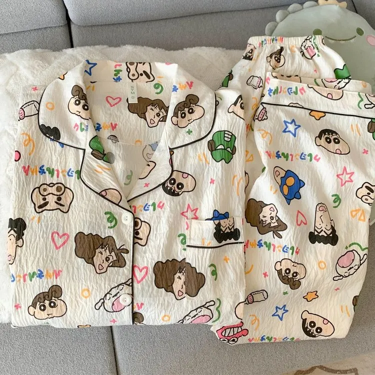 森巴兔专属【云朵绵】日系蜡笔小新大码睡衣女秋季长袖长裤甜美可爱家居服套装