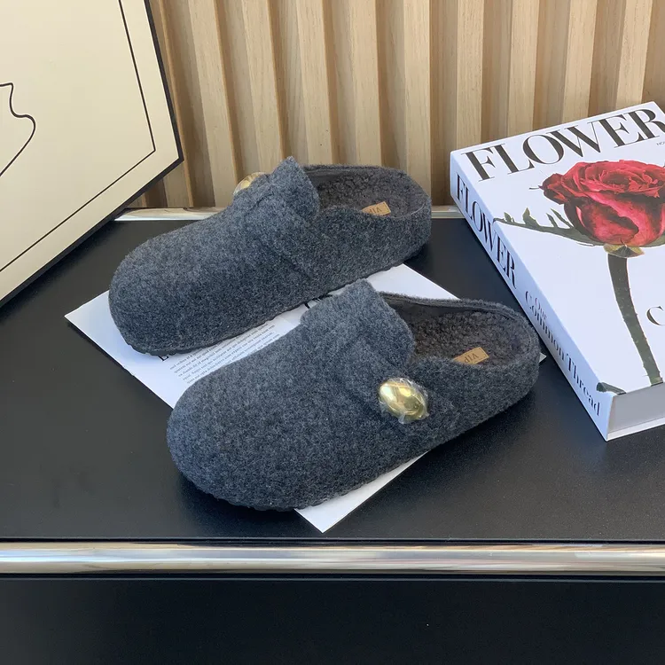 厚底毛呢包头拖鞋女2025秋冬新款平底勃肯鞋一脚蹬保暖毛毛棉鞋子