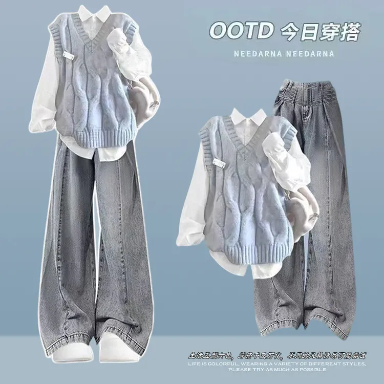 秋冬大童学院风时尚套装少女初中高中学生马甲衬衫牛仔裤三件套潮