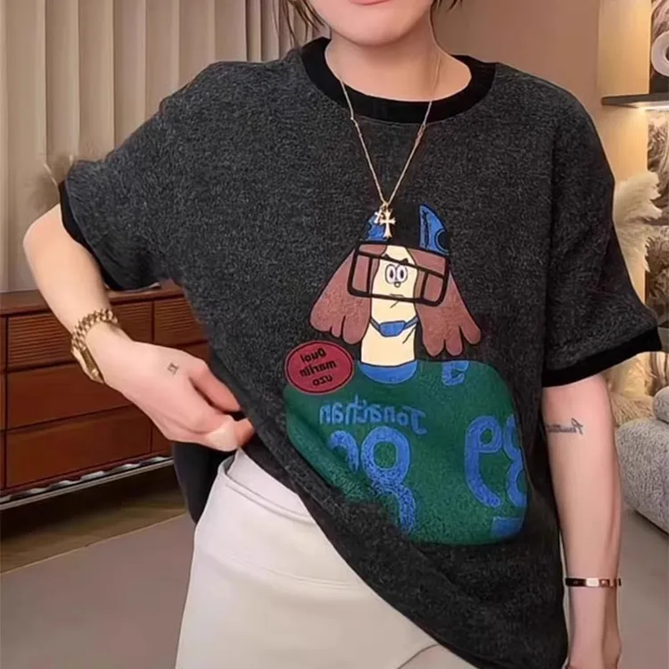芯娇晴韩国东大门2025春季新款休闲搞怪图案磨毛短袖t恤女装上衣