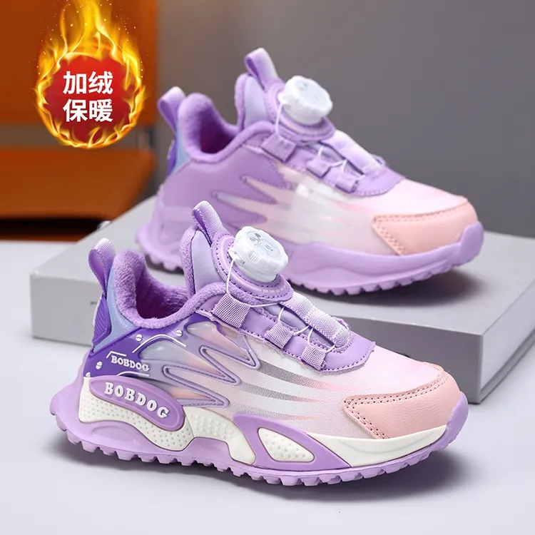 巴布豆女童鞋秋冬防水皮面棉鞋中大童轻便防滑女孩加绒保暖二棉鞋