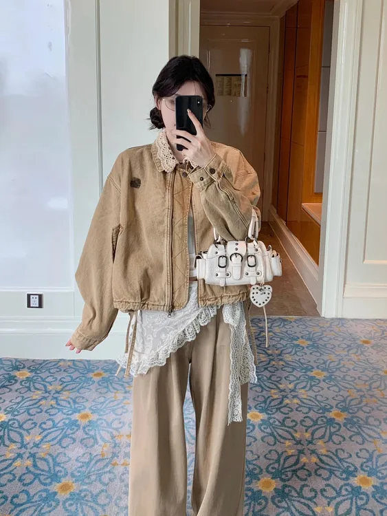 浪漫蕾丝千金风花苞下摆针织领牛仔外套女秋季美式设计感短款夹克