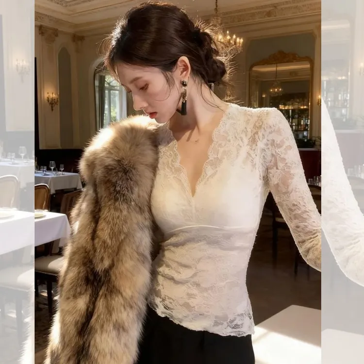 纯欲性感蕾丝打底衫女秋冬皮草叠穿内搭轻奢高级感独特别镂空上衣