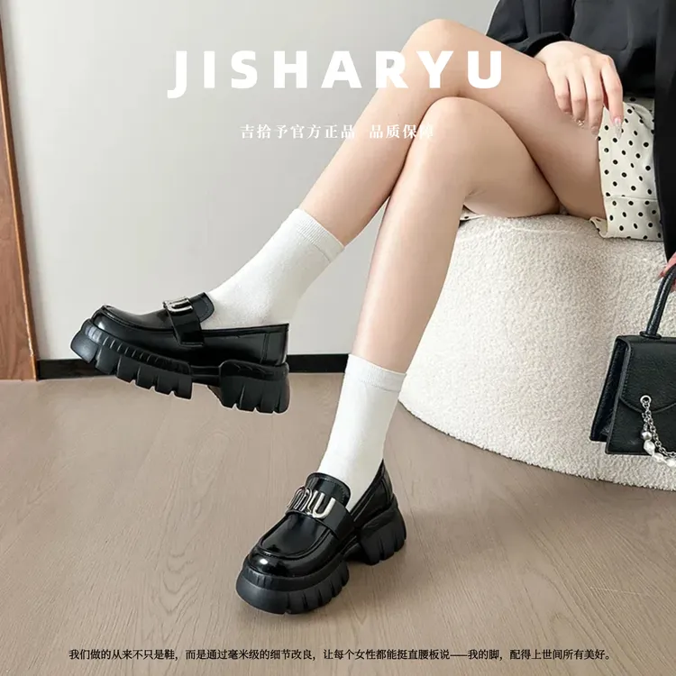 加肥加宽大码女鞋爆款软底乐福鞋ins增高6cm厚底乐福鞋百搭粗跟