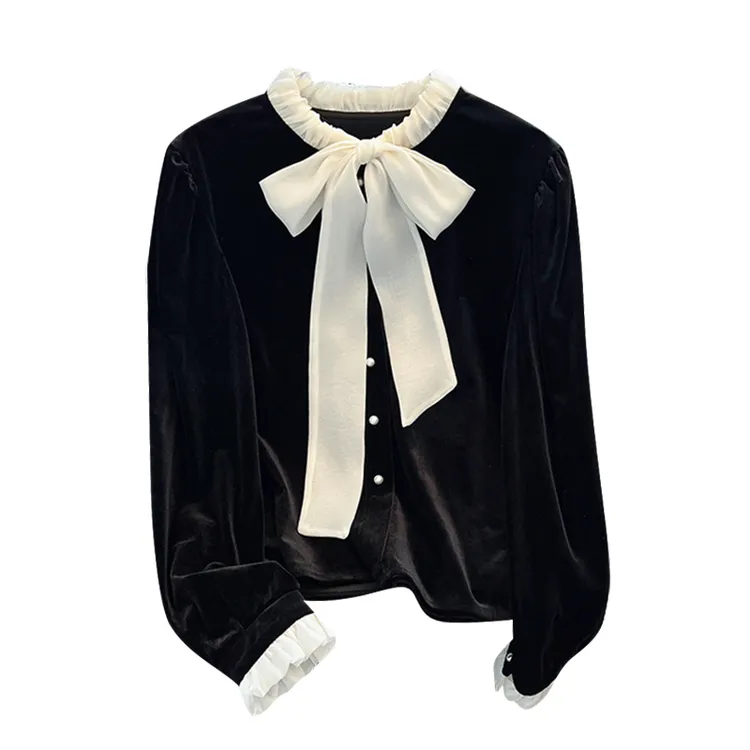 2025春季法式蝴蝶结系带金丝绒长袖衬衫女高级感小香风洋气上衣潮