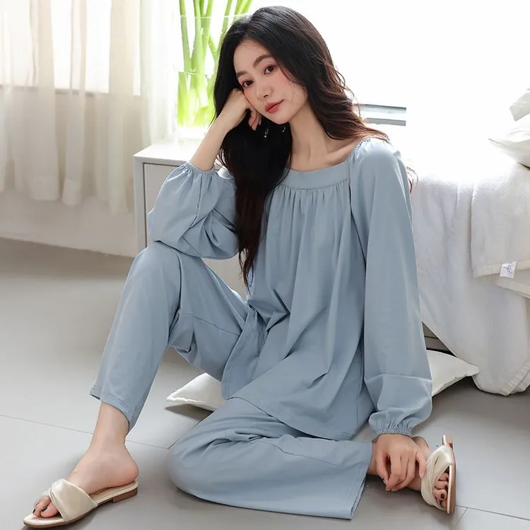 睡衣女款2025年新款春装100%纯棉长袖高级带胸垫家居服套装春秋款