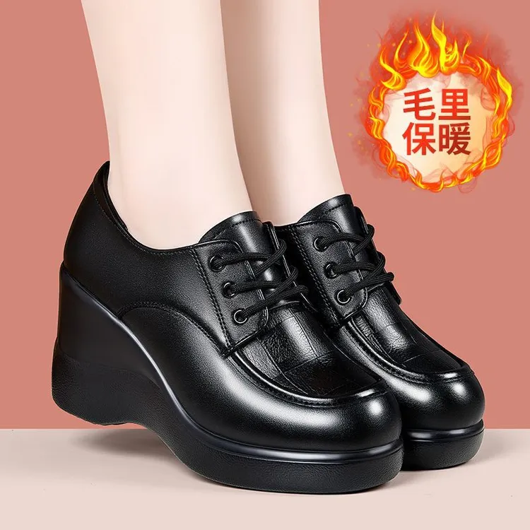 巴巴克大叔坡跟单鞋女新款厚底圆头系带妈妈鞋软底舒适轻便高跟鞋