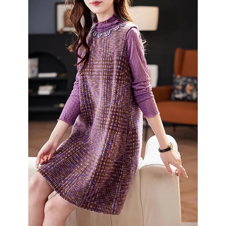 DUCURNO打底钉钻背心连衣裙女2025秋季新款韩系洋气减龄格子直筒