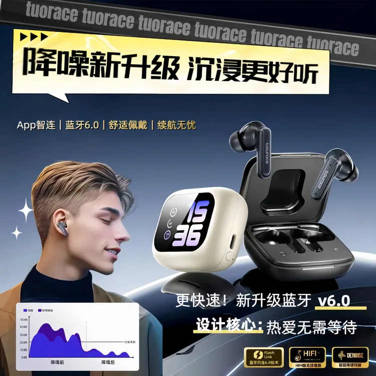 升级蓝牙6.0 带屏幕 AI翻译主动多场景降噪无线运动游戏音乐入耳