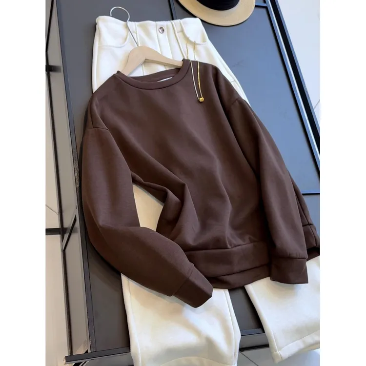 韩版宽松圆领咖色加绒长袖卫衣女秋季百搭显瘦潮流上衣