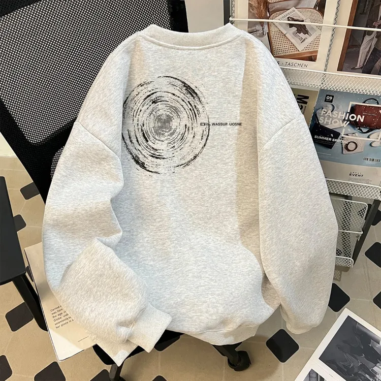 美式潮牌无帽中山卫衣男秋季新款boxy百搭休闲挺阔短宽圆领上衣服