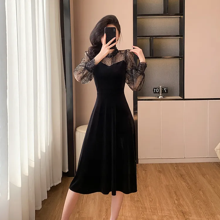 法式赫本风a字裙名媛气质拼接丝绒黑色连衣裙显瘦长袖