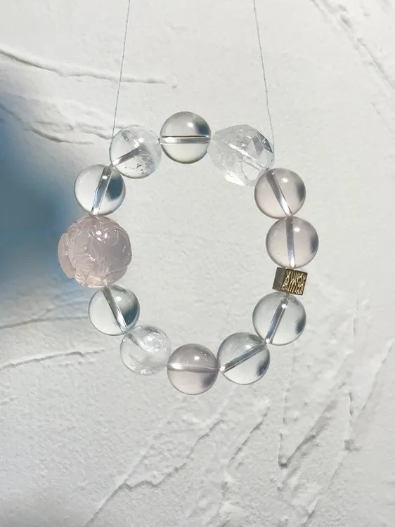 【月落桃枝】22mm定制手工粉晶狐球✖️16mm白幽灵✖️15mm白水晶