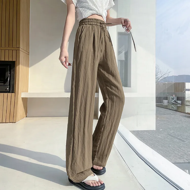 卡其阔腿裤子女夏季薄款垂感宽松慵懒风松紧腰亚麻冰丝休闲山本裤