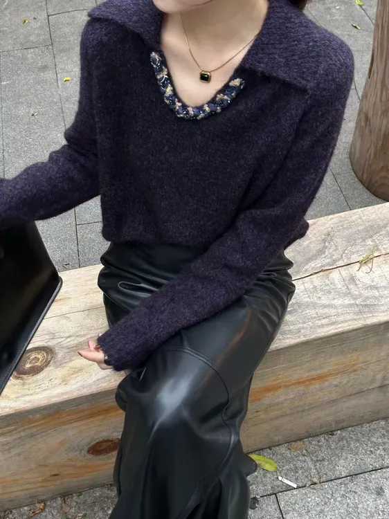 R123370W毛针织衫V领常规款长袖冬季毛衣针织衫打底衫翻领
