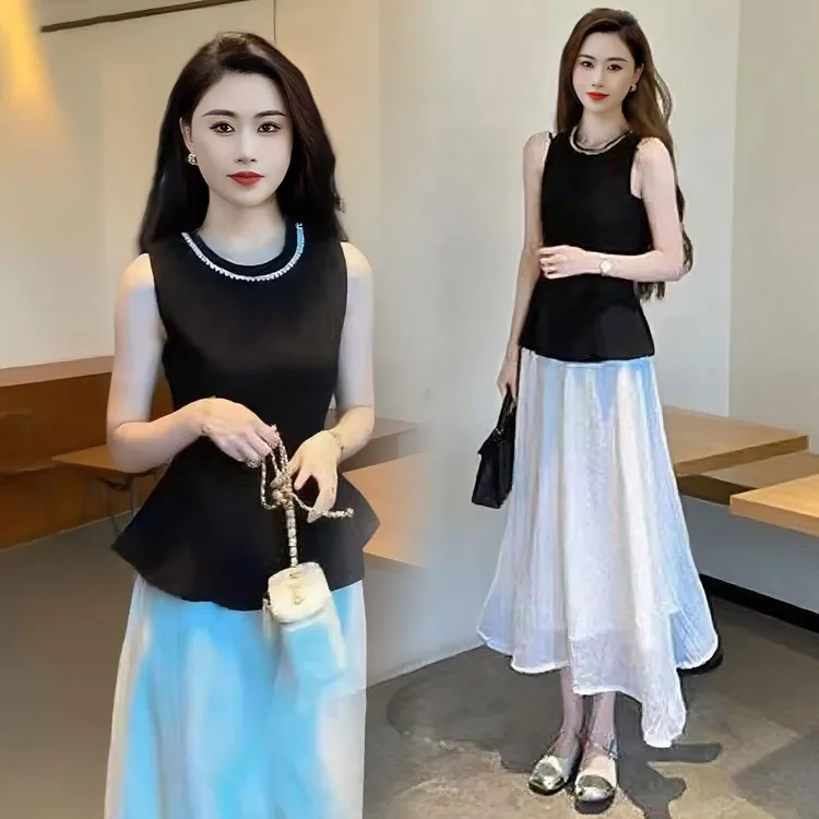 法式高级感连衣裙女夏季洋气质显瘦名媛无袖上衣高腰半身裙两件套