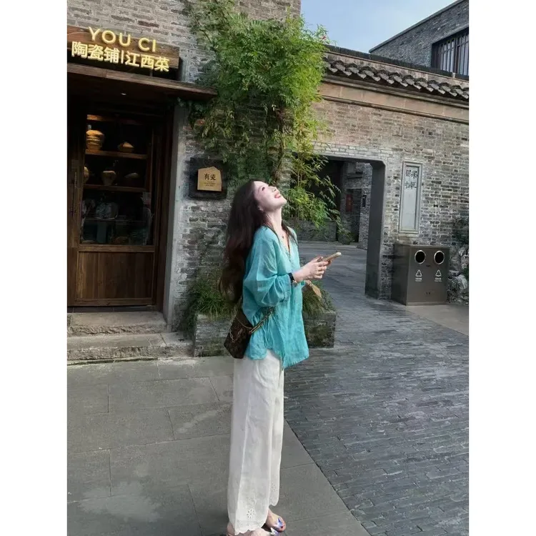 大码胖mm时尚慵懒风长袖宽松衬衫女夏季百搭洋气休闲裤气质两件套