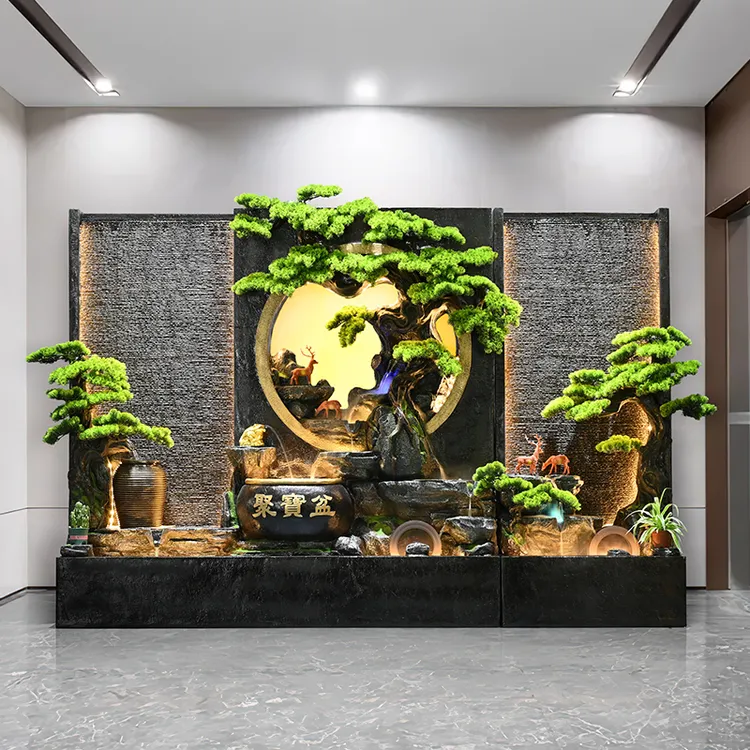 中式水幕墙流水屏风户外庭院酒店玄关隔断假山喷泉景观摆件
