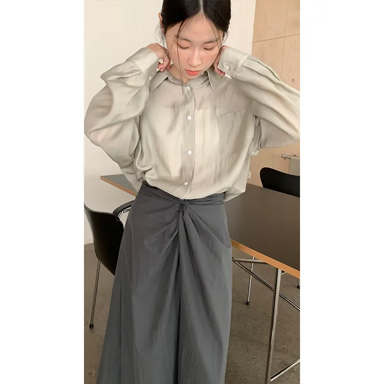 爱与南希广州十三行春原创韩系简约天丝宽松防晒翻领衬衫女11052