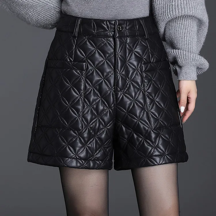 加棉加厚时尚皮短裤女士秋冬季宽松高腰a字阔腿显瘦皮裤外穿靴裤