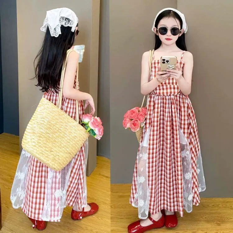 女大童夏季洋气吊带格子连衣裙2025新款韩版女孩子甜美蕾丝公主裙