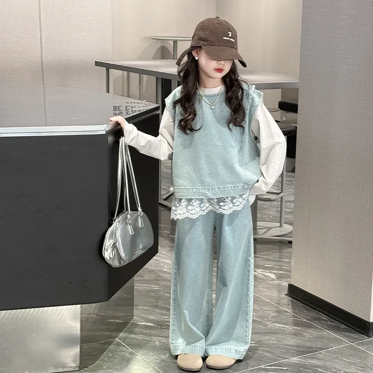 女童牛仔马甲三件套春秋2025新款儿童秋装洋气时髦大童阔腿裤套装